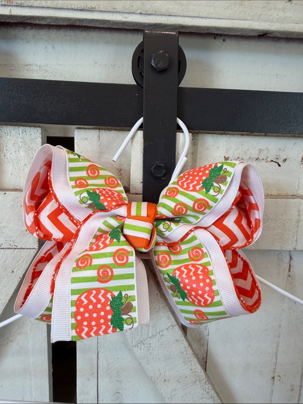 Girls Pumpkin Print Orange & Green Hair Bow